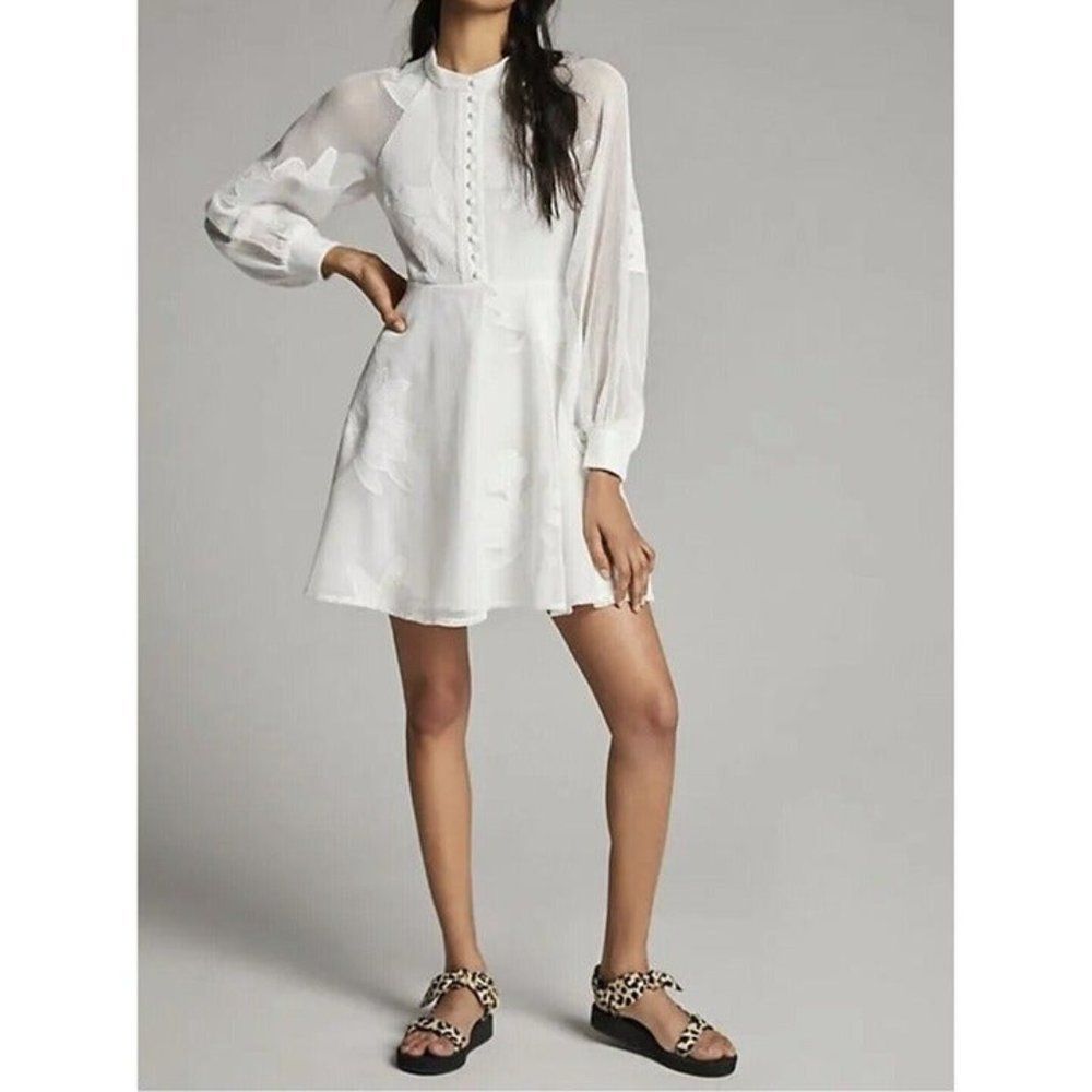 Anthropologie Sabine Embroidered Mini Dress Size XS $178 White Long Sleeve Boho